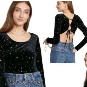 Wild Fable Black Silver Velour Galaxy Bodysuit Scoop Neck Size XXL